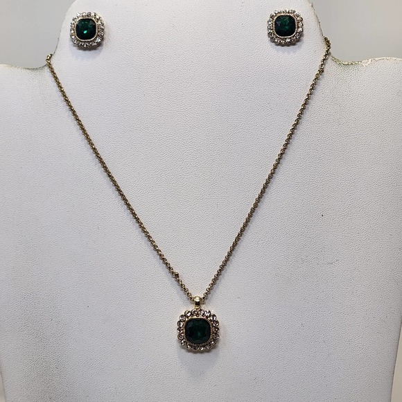 Trifari Jewelry - Crown Trifari Emerald Green Clear Crystal Necklace Earring Costume Jewelry Set